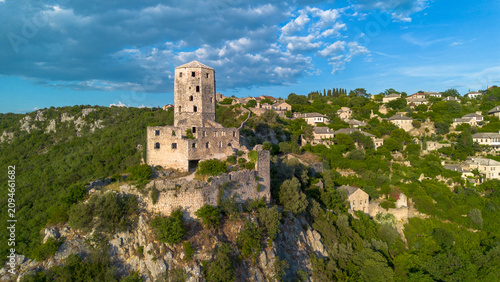 Aerial View of Historic Pocitelj Citadel and Stone Tower in Bosnia and Herzegovina