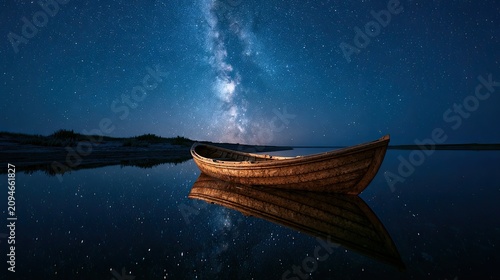 Wooden rowboat rests on still water under a starry, milky way sky