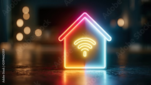 Glowing neon house outline with wifi symbol, modern smart home concept