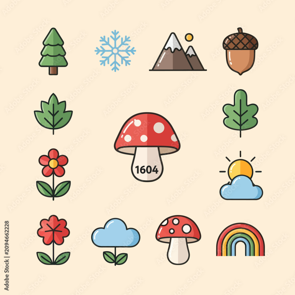 Fototapeta premium Nature Elements Icons Set: Seasons, Weather, Plants, Fungi, Mountains, Rainbow