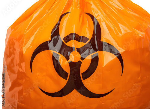 Close up of an orange biohazard waste bag with a black biological hazard warning symbol