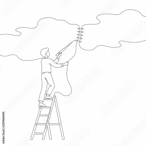 Minimalist continuous line art illustration of a man on a stepladder sewing two separate clouds together with needle and thread. Conceptual vector of repair and connection.