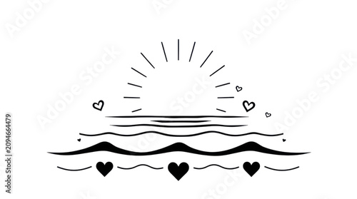 Fotografía Sunrise Ocean Hearts Minimalist Line Art Design for Romantic Travel and Summer V