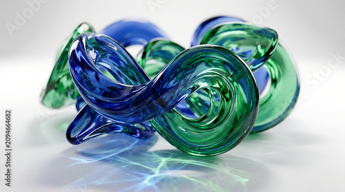 Contemporary abstract background, blue-green glass objects with light play, clean white base, shallow focus CG render