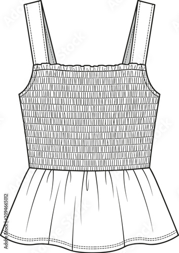 Bilde på lerret Professional technical CAD vector drawing of women's smocked peplum camisole top