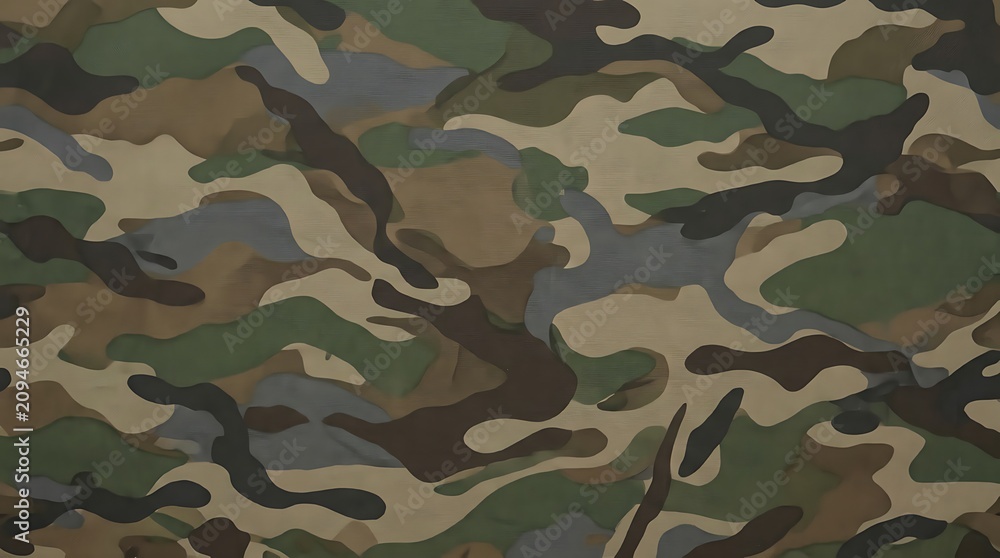 Fototapeta premium Camouflage pattern fabric texture with earth tones and green woodland design for tactical gear and outdoor apparel