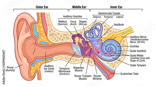 Tableau sur toile Human Ear Anatomy Diagram: Outer, Middle, and Inner Ear Structure