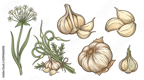 Quadro su tela Garlic bulbs, cloves, and flower illustration