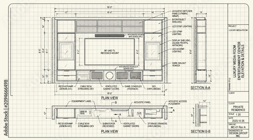 Φωτογραφία Architectural plan and elevation details for a luxury media room entertainment c
