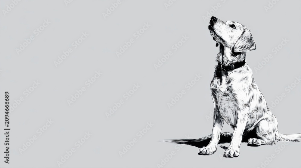 Fototapeta premium Black and White Illustration of a Sitting Dog Looking Upwards