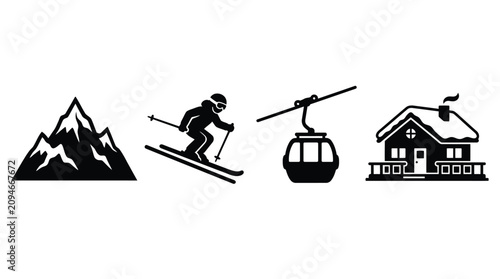 Skiing Cable Car And Mountain Icons On White Background