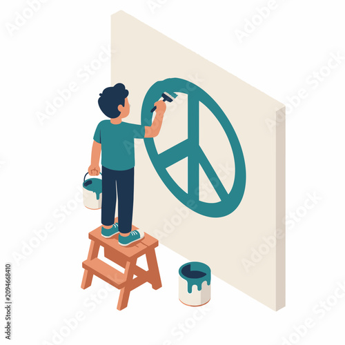 Isometric vector illustration of a male artist standing on a wooden stepladder painting a large teal peace symbol on a plain wall with a brush and paint buckets nearby.