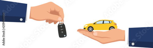 Cuadro en lienzo Car rental and sales concept with hand holding key and another hand carrying yellow vehicle on background