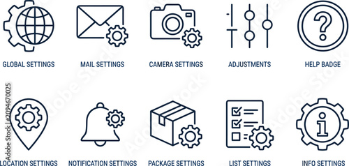 Quadro su tela Collection of icons representing various digital and global settings with gears and adjustment tools
