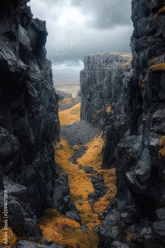 narrow volcanic canyon with dark basalt cliffs and golden moss under a stormy overcast sky, moody solitude