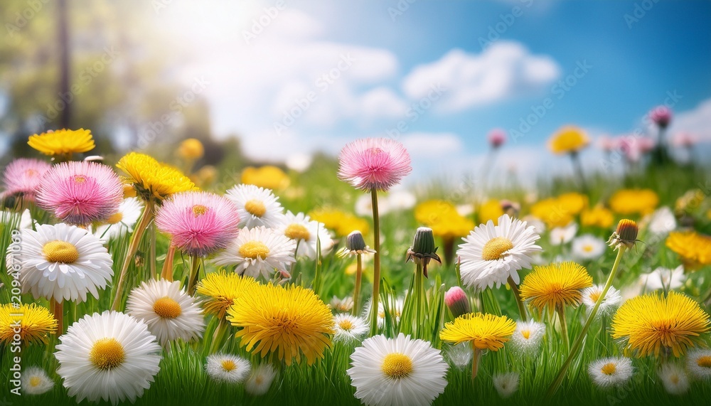 Fototapeta premium Meadow With Lots Of White And Pink Spring Daisy Flowers And Yellow Dandelions In Sunny Day