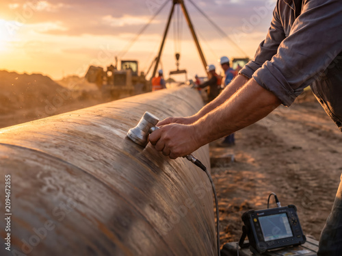 Inspecting Infrastructure During Sunset Industrial Landscape