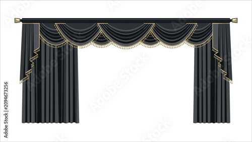 Tableau sur toile Luxury Black Theater Stage Curtains with Elegant Gold Fringe Trimming and Swag V