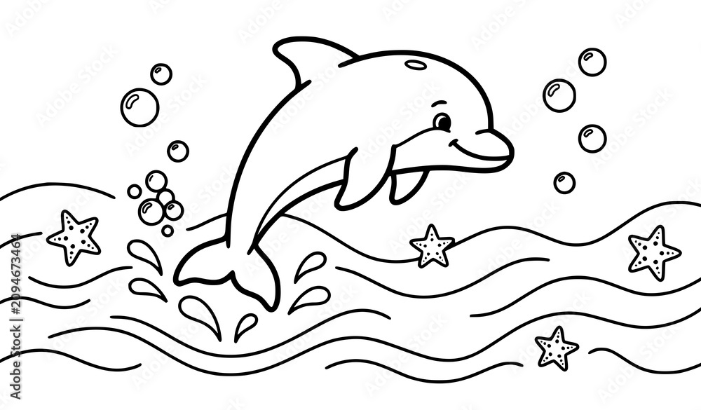 Obraz premium Cute dolphin coloring page for kids outline vector illustration
