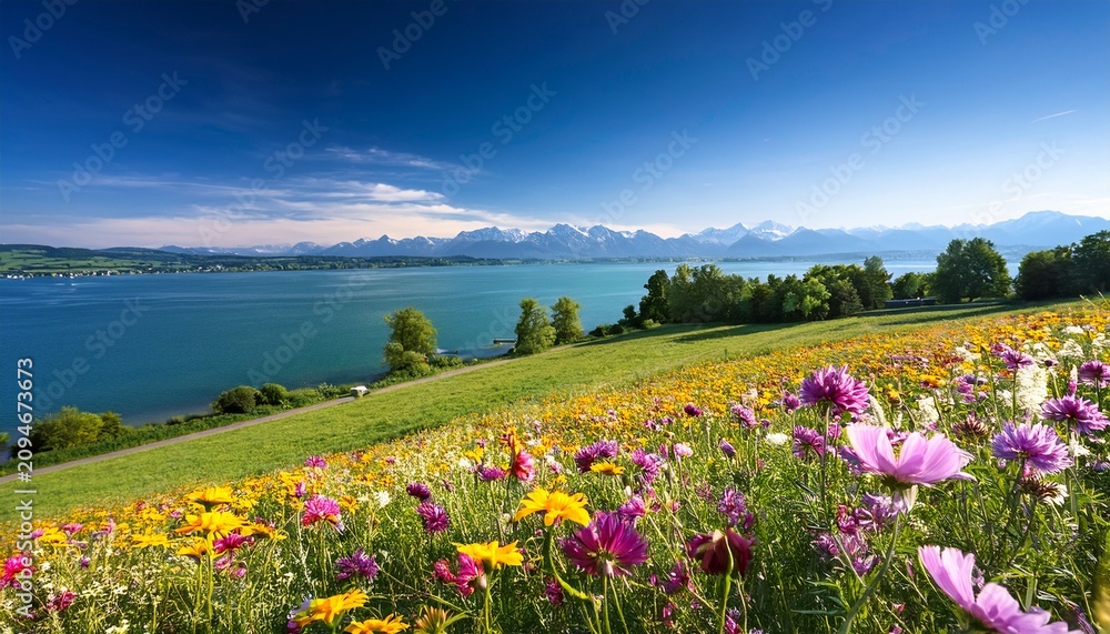 Obraz premium scenic landscape of lake constance with blooming flowers