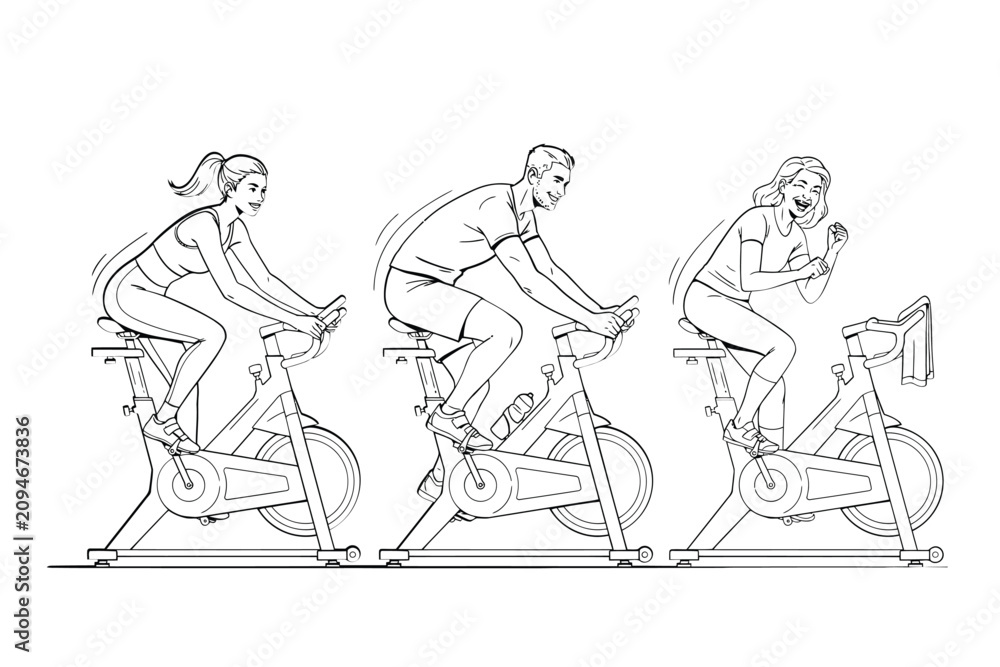 Obraz premium Exercise Bikes With Riders Monoline Vector Illustration