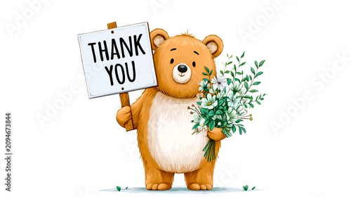 A cartoon brown bear holding a sign that says thank you and flowers