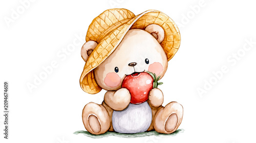 A cute cartoon teddy bear wearing a straw hat and eating an apple