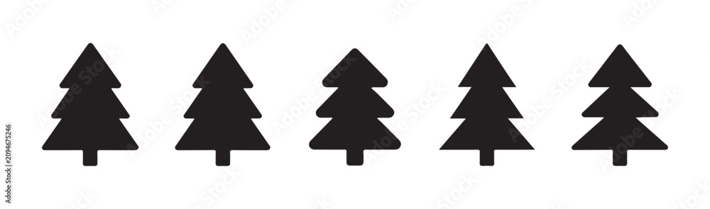 Obraz premium Set of five christmas tree icons vector illustration, various simple festive xmas tree silhouettes.