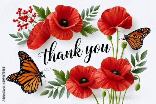Thank you greeting card with poppies and butterflies