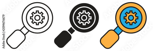 Workflow Optimization Icon with Magnifying Glass and Rotating Gear Wheel. Technical business process optimization symbol indicating industrial operations control, system maintenance diagnostics.