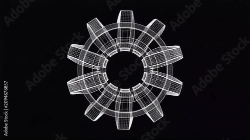 3d wireframe gear rotating on black background