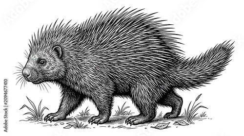 Εκτύπωση καμβά Porcupine Walking Illustration - Wild Rodent with Spiky Quills