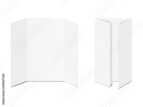 Blank white gatefold card. Realistic vector mockup. Open single gate fold brochure, presentation, event invitation. 3d mock-up. Template for design