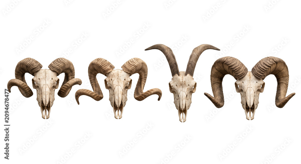 Fototapeta premium Row of detailed animal ram skull specimens isolated