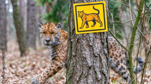 Jaguar wildlife warning sign on tree in forest