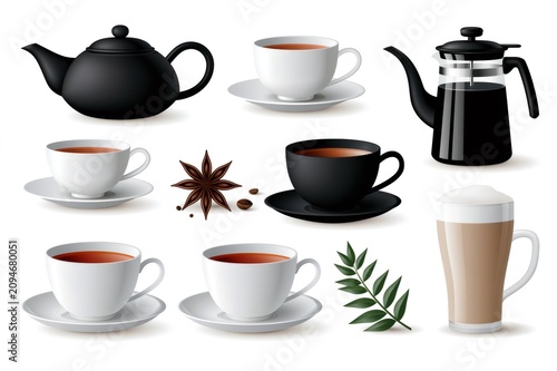 Hot drinks beverage collection with teapot and cups