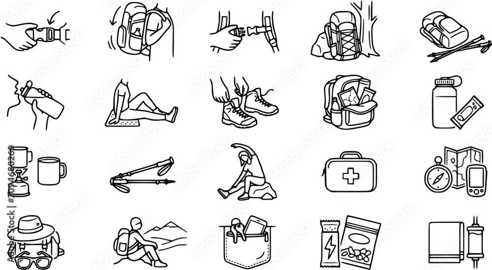 Fototapeta premium Black and White Line Art Icons of Camping and Hiking Gear
