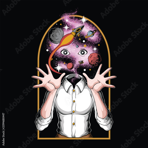 Surreal Cosmic Woman with Galaxy Head and Floating Planets Cartoon Illustration