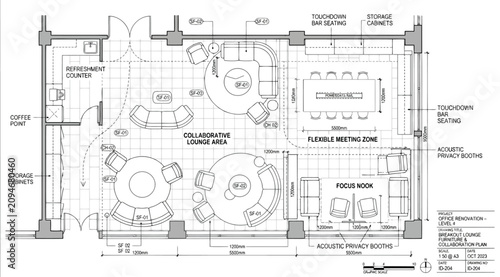 Canvastavla Detailed architectural floor plan for a renovated office space with multiple zon