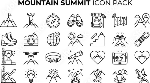 Photos Mountain Summit Outdoor Adventure Hiking Line Art Icon Pack