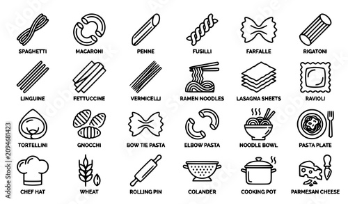 Bild auf Leinwand Pasta Line Icons Set with Spaghetti Macaroni Noodles Vermicelli and Italian Food