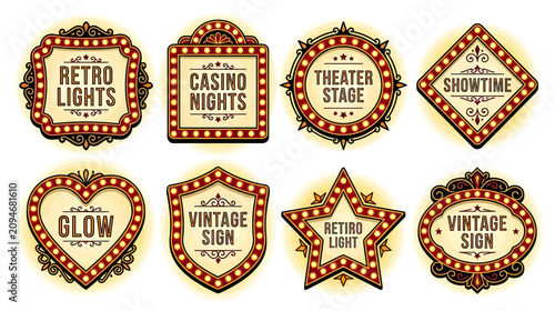 Obraz na plátně Retro Marquee Light Signs Collection: Casino, Theater, Showtime, Vintage Glow