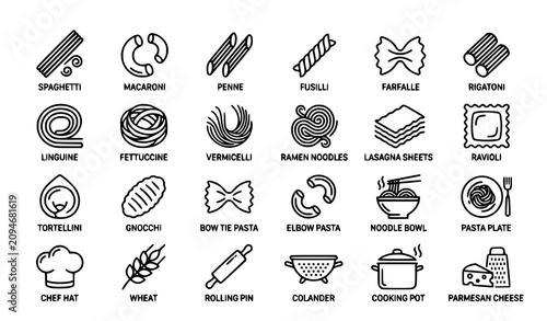 Obraz na płótnie Pasta Line Icons Set with Spaghetti Macaroni Noodles Vermicelli and Italian Food