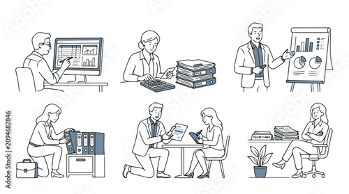Minimalist business people line art set, professional office workers collection, corporate management and accounting vector illustrations