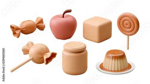 Premium caramel candy set with pudding and fruit icons isolated on transparent background for confectionery marketing and professional menu design