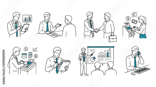 Minimalist business icon set, professional office character illustrations, corporate finance and management vector collection for presentations