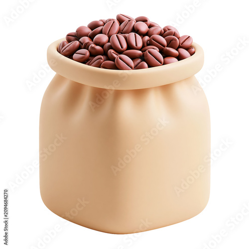 Premium roasted coffee beans in a beige fabric pouch stylized 3d icon isolated on transparent background for modern web
