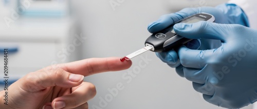Doctor uses a blood glucose meter to check a patient's blood sugar level in a medical clinic for diabetes management and health monitoring purposes
