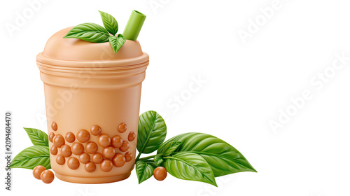 Refreshing bubble tea drink with tapioca boba pearls and green leaves isolated on transparent background for creative food beverage design projects