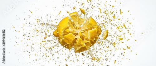Mango explosion with juicy chunks and splashes on white background